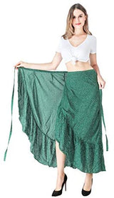 ForeMode Women Boho Print High Waist Side Wrap Bohemian Asymmetric Hem Maxi Long Skirt One Size (Green Print) at Amazon Womenâs Clothing store