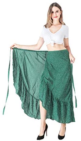 ForeMode Women Boho Print High Waist Side Wrap Bohemian Asymmetric Hem Maxi Long Skirt One Size (Green Print) at Amazon Womenâs Clothing store