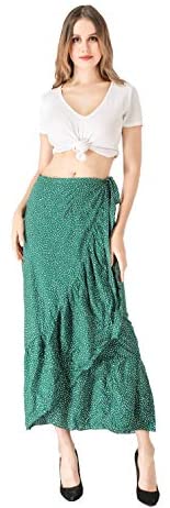 ForeMode Women Boho Print High Waist Side Wrap Bohemian Asymmetric Hem Maxi Long Skirt One Size (Green Print) at Amazon Womenâs Clothing store