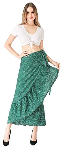 ForeMode Women Boho Print High Waist Side Wrap Bohemian Asymmetric Hem Maxi Long Skirt One Size (Green Print) at Amazon Womenâs Clothing store