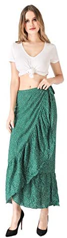 ForeMode Women Boho Print High Waist Side Wrap Bohemian Asymmetric Hem Maxi Long Skirt One Size (Green Print) at Amazon Womenâs Clothing store