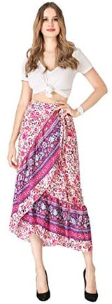 ForeMode Women Boho Print High Waist Side Wrap Bohemian Asymmetric Hem Maxi Long Skirt One Size (Green Print) at Amazon Womenâs Clothing store