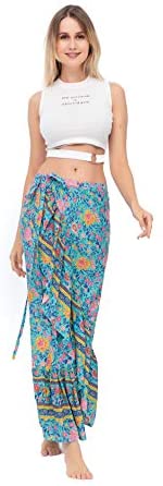 ForeMode Women Boho Print High Waist Side Wrap Bohemian Asymmetric Hem Maxi Long Skirt One Size (Green Print) at Amazon Womenâs Clothing store