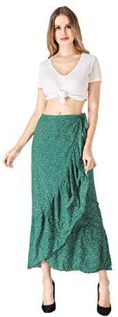 ForeMode Women Boho Print High Waist Side Wrap Bohemian Asymmetric Hem Maxi Long Skirt One Size (Green Print) at Amazon Womenâs Clothing store