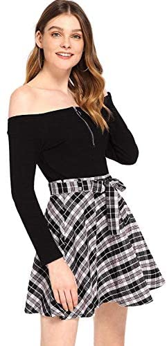 Milumia Women A line Pleated Skater Skirts Cheerleader High Waist Plaid Flared: Clothing