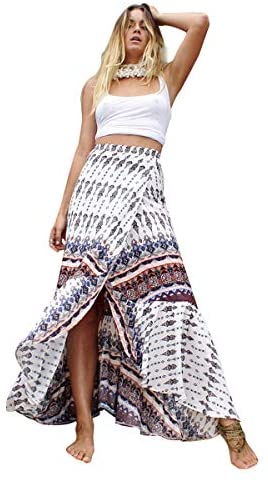 ForeMode Women Boho Print High Waist Side Wrap Bohemian Asymmetric Hem Maxi Long Skirt One Size (Green Print) at Amazon Womenâs Clothing store