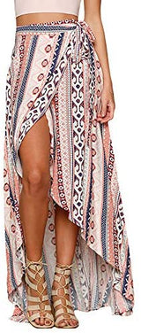 ForeMode Women Boho Print High Waist Side Wrap Bohemian Asymmetric Hem Maxi Long Skirt One Size (Green Print) at Amazon Womenâs Clothing store