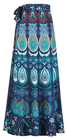 ForeMode Women Boho Print High Waist Side Wrap Bohemian Asymmetric Hem Maxi Long Skirt One Size (Green Print) at Amazon Womenâs Clothing store