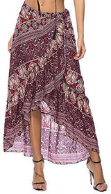 ForeMode Women Boho Print High Waist Side Wrap Bohemian Asymmetric Hem Maxi Long Skirt One Size (Green Print) at Amazon Womenâs Clothing store