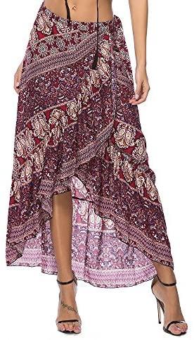 ForeMode Women Boho Print High Waist Side Wrap Bohemian Asymmetric Hem Maxi Long Skirt One Size (Green Print) at Amazon Womenâs Clothing store