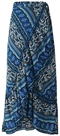 ForeMode Women Boho Print High Waist Side Wrap Bohemian Asymmetric Hem Maxi Long Skirt One Size (Green Print) at Amazon Womenâs Clothing store