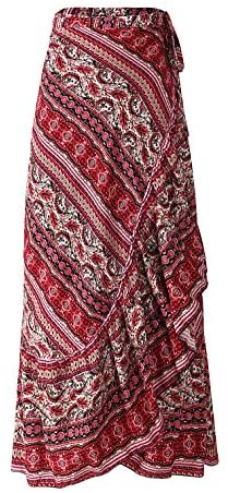 ForeMode Women Boho Print High Waist Side Wrap Bohemian Asymmetric Hem Maxi Long Skirt One Size (Green Print) at Amazon Womenâs Clothing store