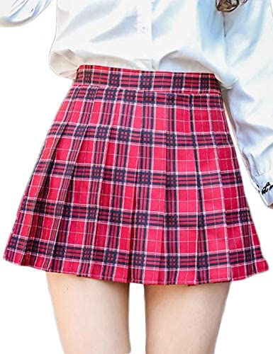 Jenkoon Womens Girls Pleated Dennis Skirt High Waist A-Line School Uniform Skater Skirt (Red, Large) at Amazon Womenâs Clothing store