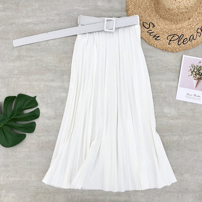 Spring Summer Women Midi Skirts Belt